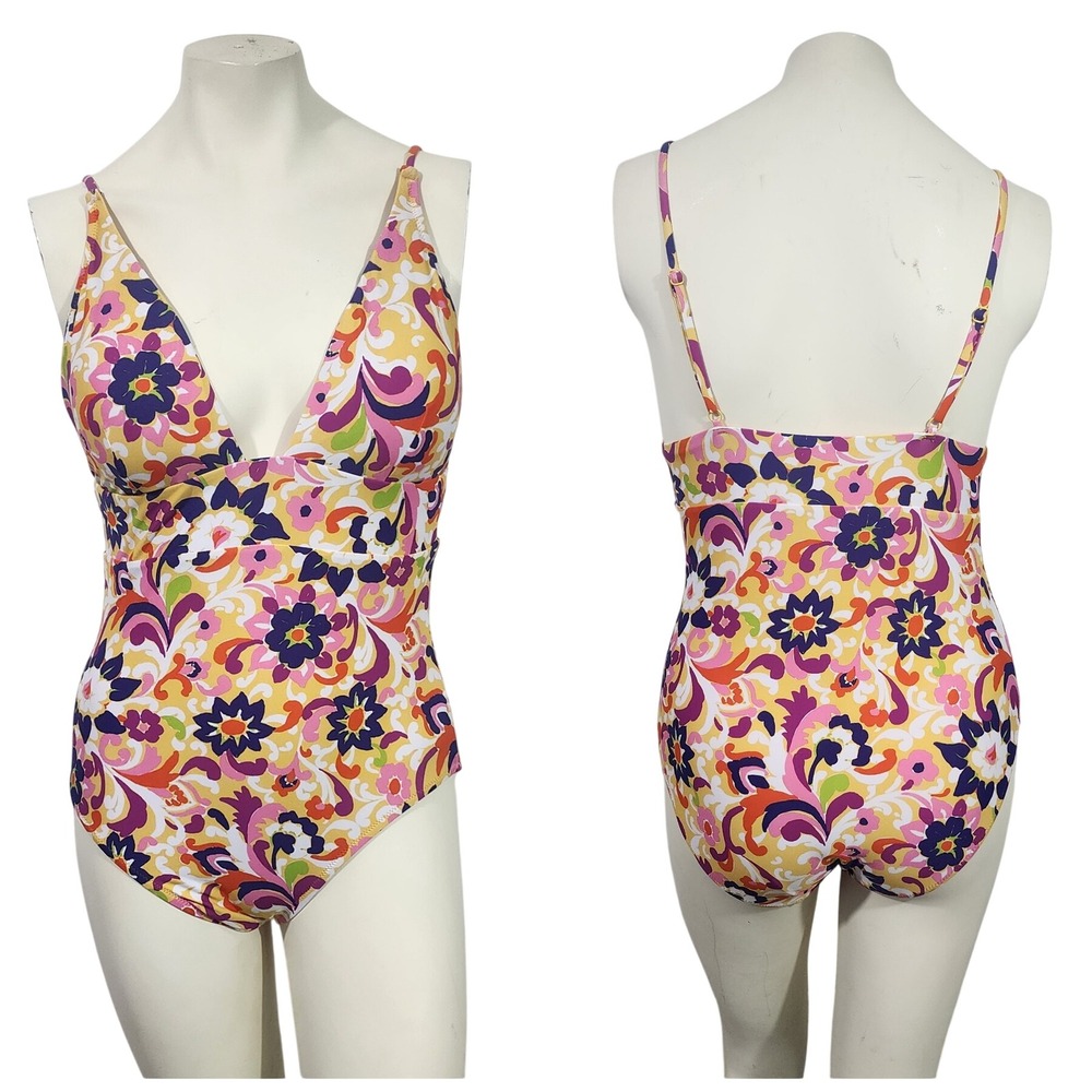 J.Crew Floral One Piece Swimsuit Size 14 Plunge V Neck Retro colorful Print prep